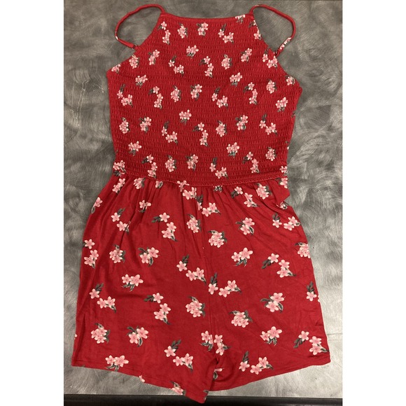 Hollister Red with pink floral shoulder string summer Romper Women's size S - Picture 1 of 7
